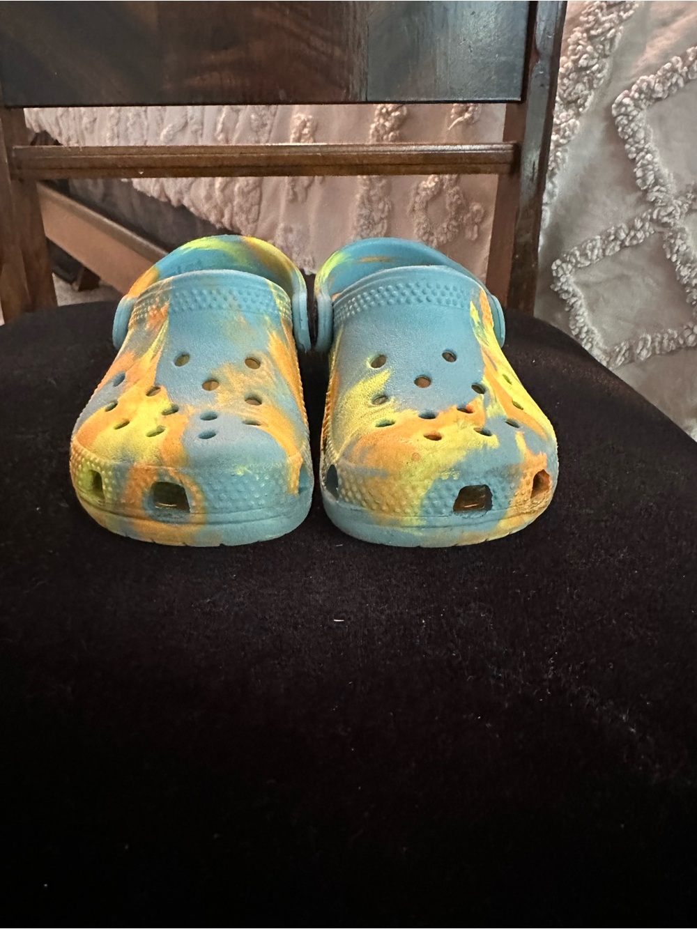 Kids Light Blue and Yellow Tie-Dye Crocs